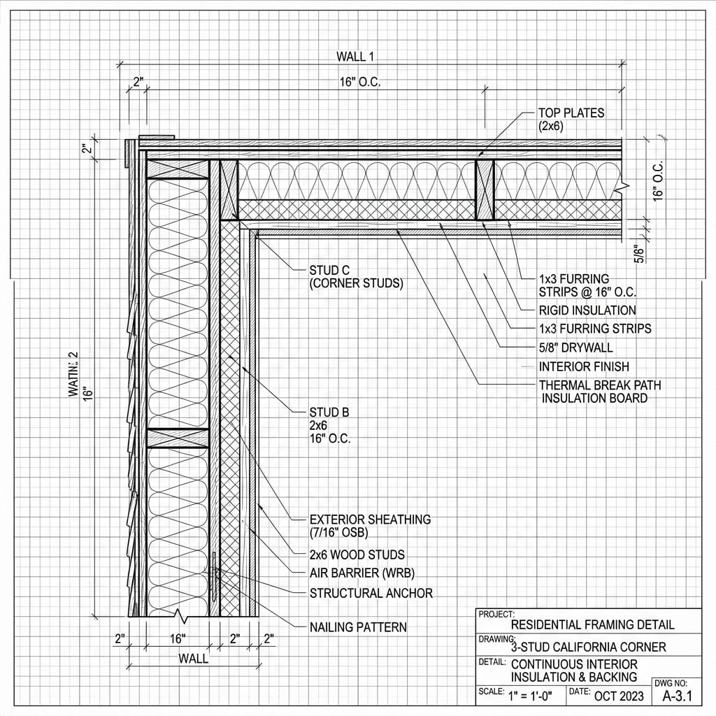3-Stud California Corner Framing Cluster Blueprint Schematic | Six Senses Builders