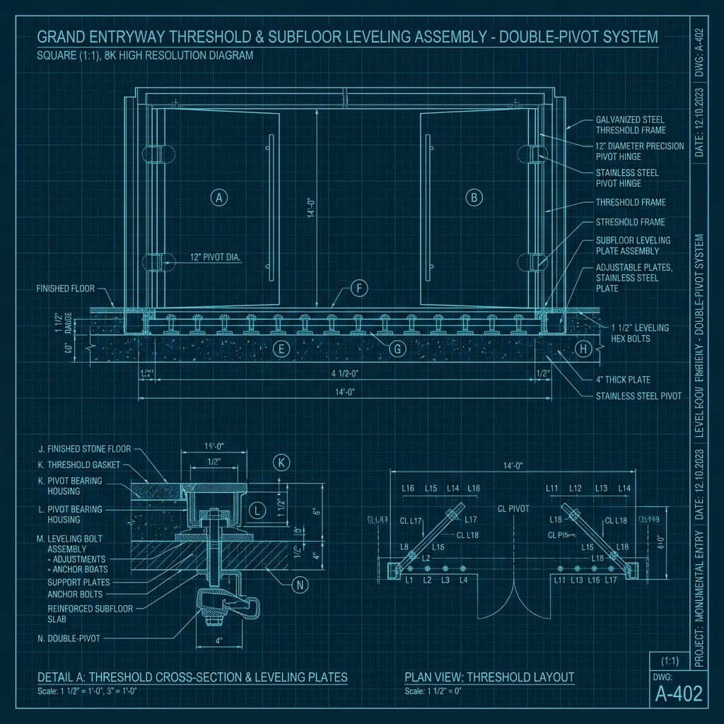 14ft Double-Pivot Grand Entryway Subfloor Leveling Plate Blueprint Schematic | Six Senses Builders