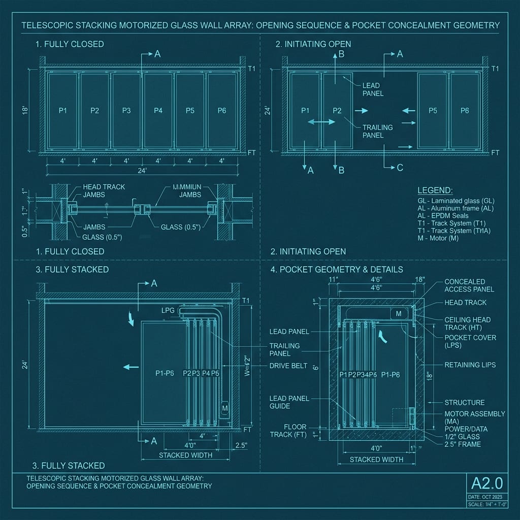 6-Panel Telescopic Stacking Motorized Glass Wall Array Blueprint Schematic | Six Senses Builders