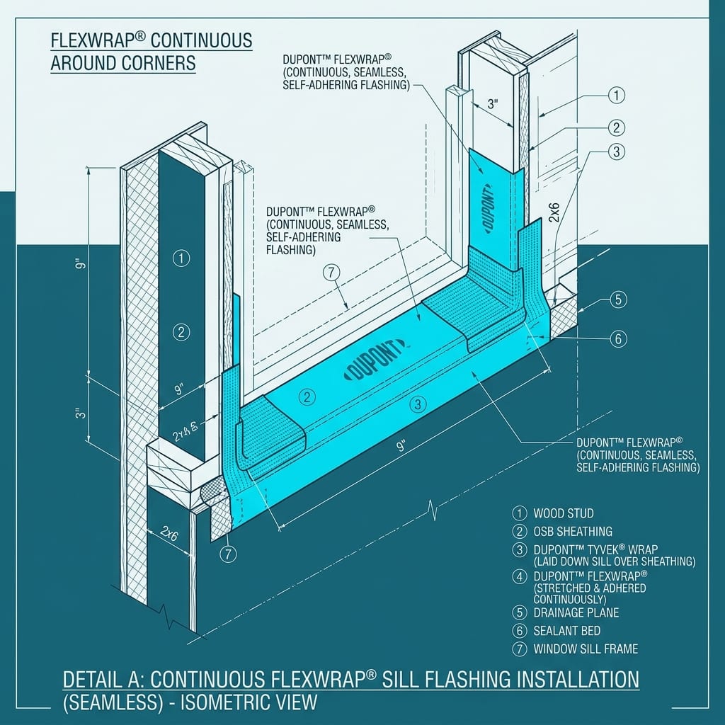 DuPont FlexWrap Seamless Flexible Corner Flashing Blueprint Schematic | Six Senses Builders